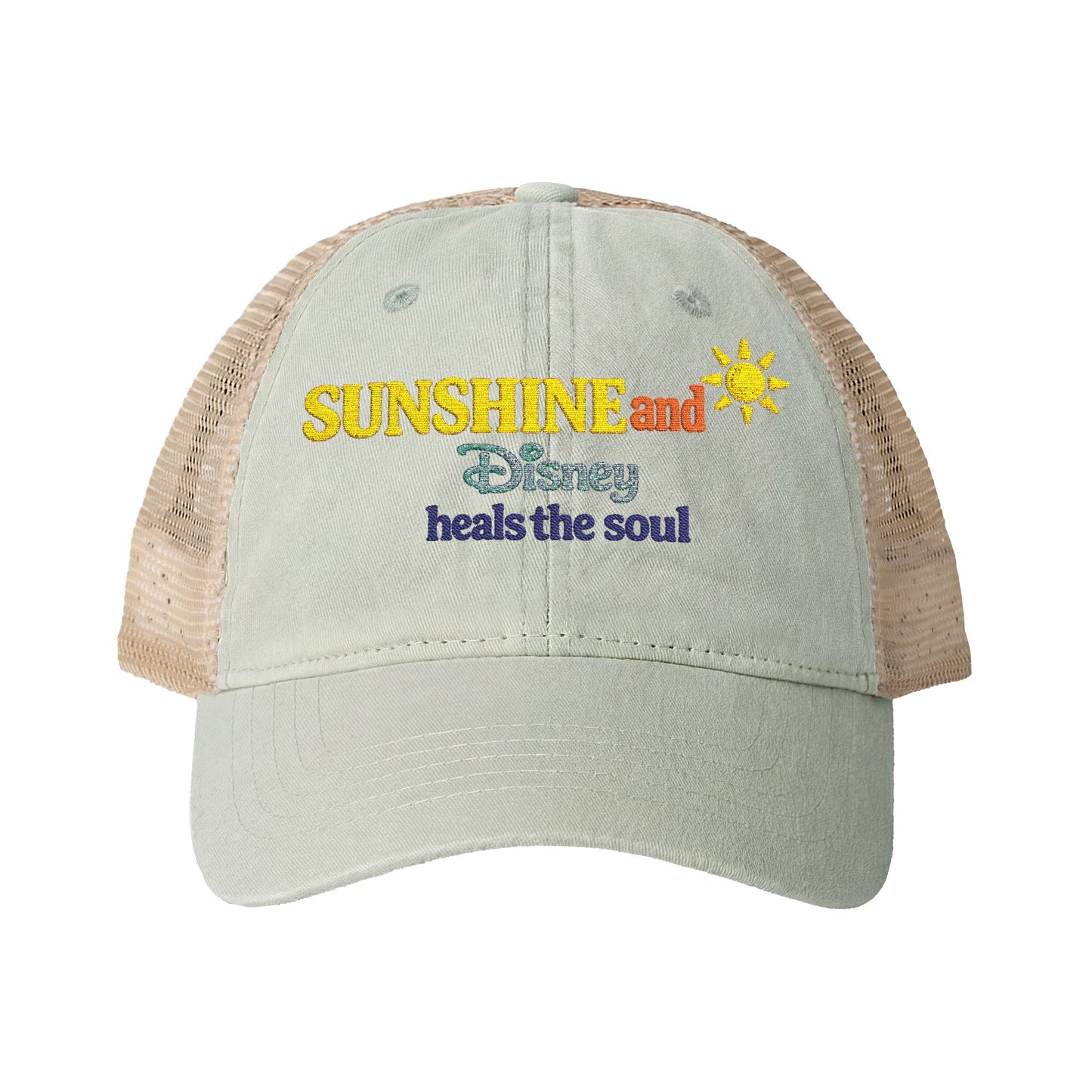 Women's Washed Mesh-Back Cap Embroidered Sunshine and Disney heals the soul solid print on front/pattern under visor