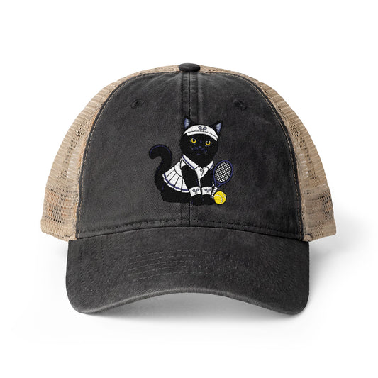 Black Cat Tennis Embroidered Women's Washed Mesh-Back Cap