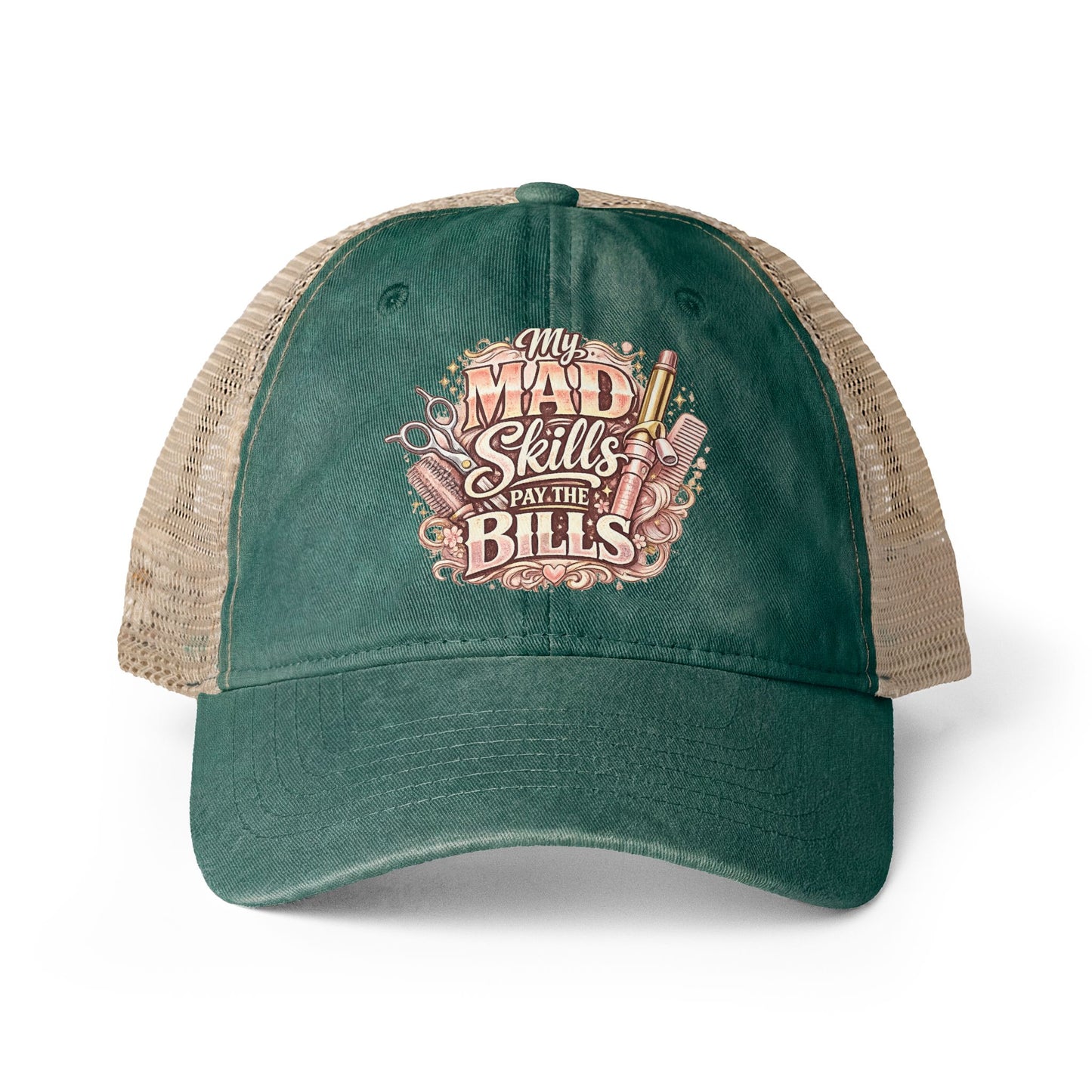 Mesh-Back Cap with surprise print under visor/ My Mad Skills Pay the Bills hairstylist