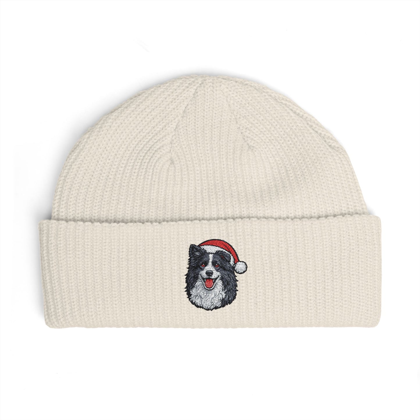 Cuffed Beanie — Embroidered Border Collie Dog in Santa Hat Winter cap