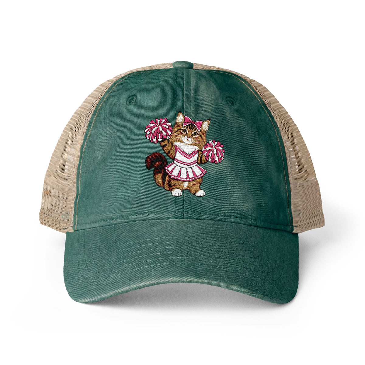 Cheerleader Cat Embroidered Women's Washed Mesh-Back Cap