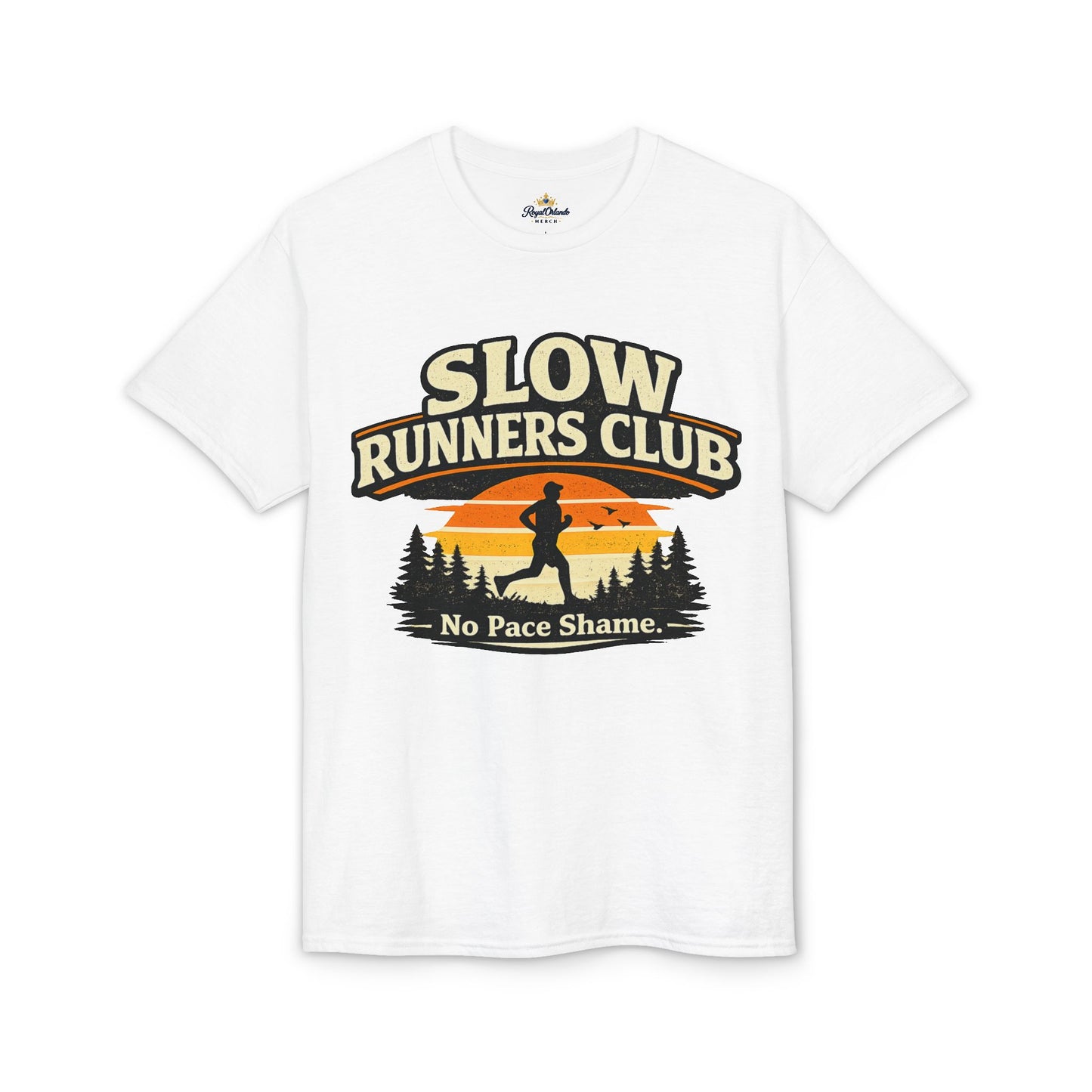 Slow Runners Club No Pace Shame T-Shirt | Retro Sunset Trail Running Shirt