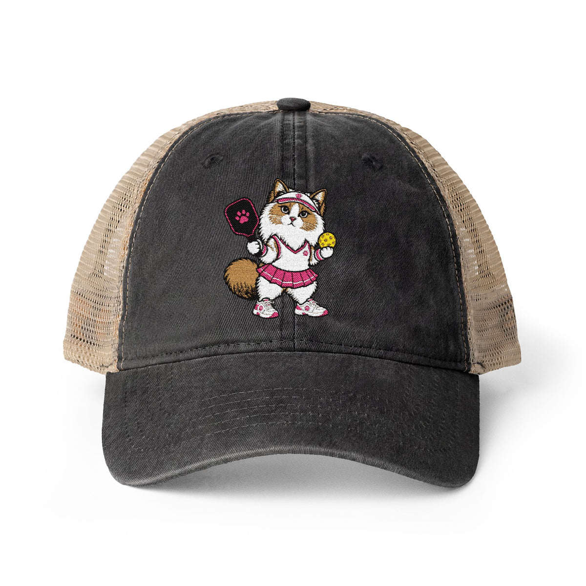 Pickleball Cat Embroidered Women's Washed Mesh-Back Cap