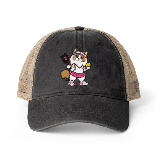 Pickleball Cat Embroidered Women's Washed Mesh-Back Cap