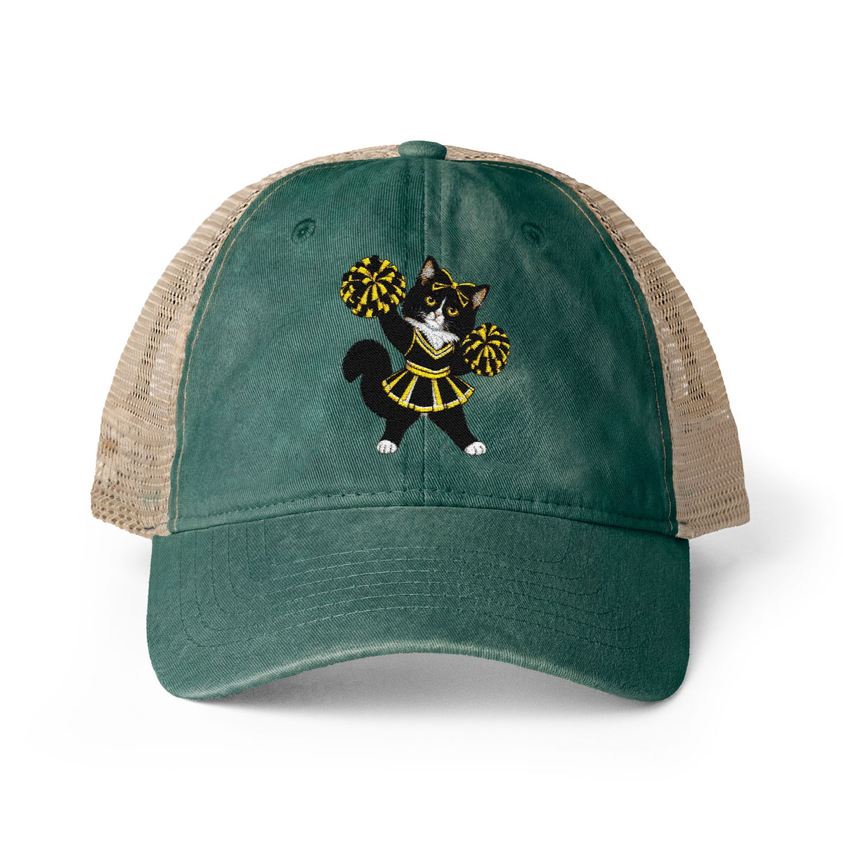 Tuxedo Cat embroidered Women's Washed Mesh-Back Cap