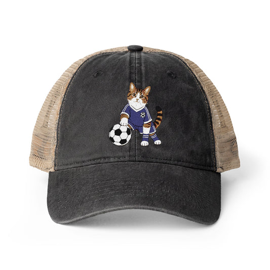 Soccer Cat Embroidered Women's Washed Mesh-Back Cap