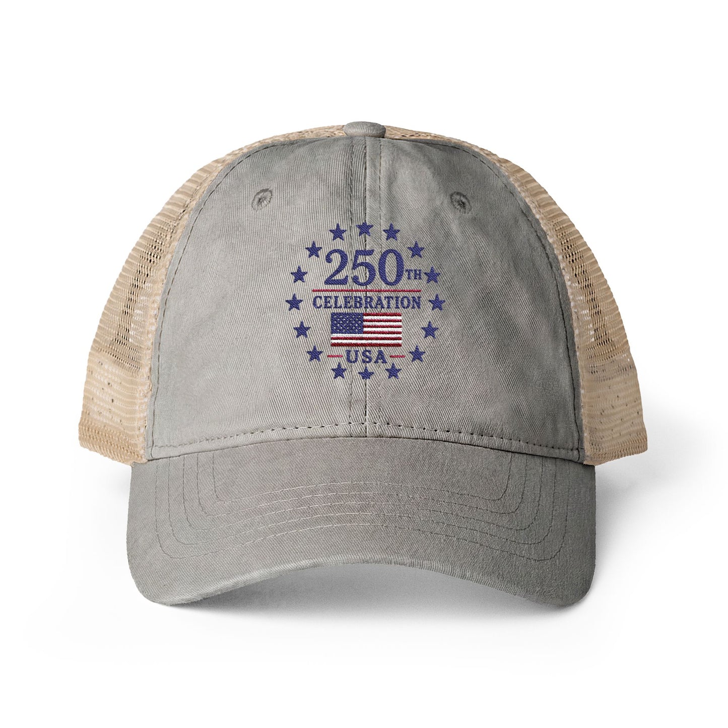 Women's Washed Mesh-Back Cap with print underneath bill embroidered USA 250th celebration various colors