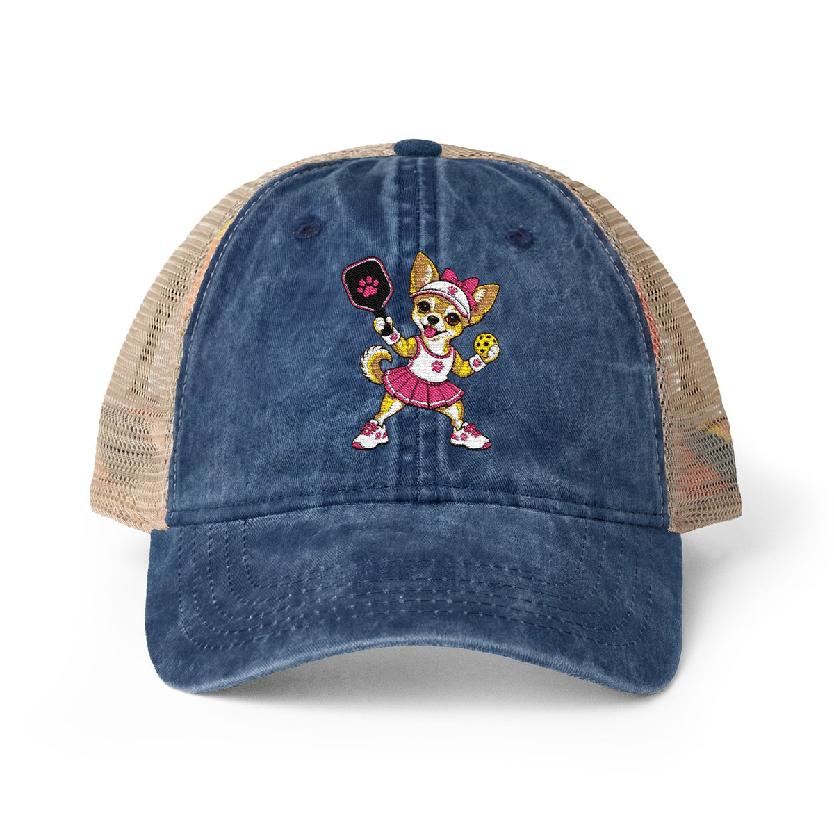 Pickleball Chihuahua Embroidered Women's Washed Mesh-Back Cap