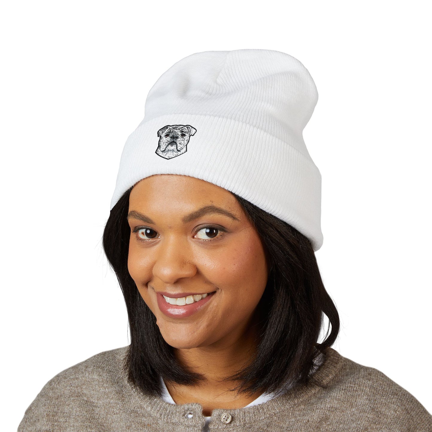 English Bulldog Embroidered Beanie | Cuffed Knit Hat