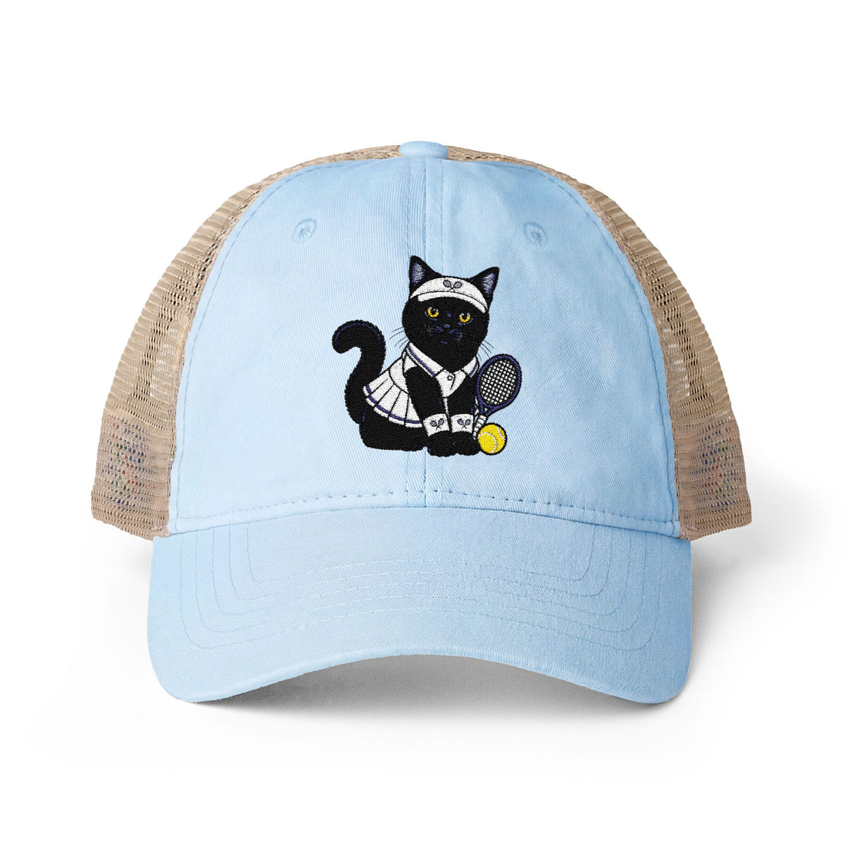 Black Cat Tennis Embroidered Women's Washed Mesh-Back Cap