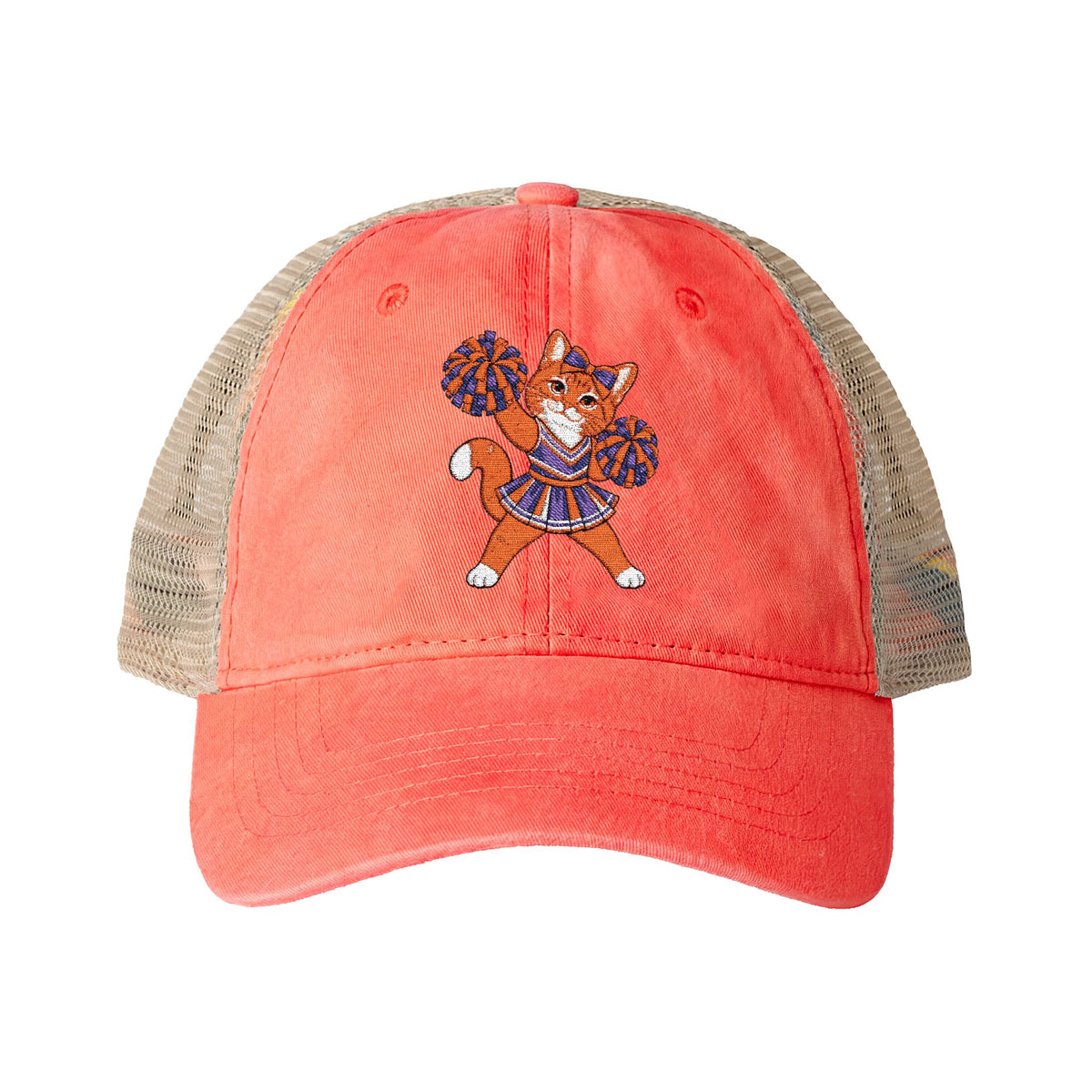 Orange Cheer Cat Embroidered Women's Washed Mesh-Back Cap