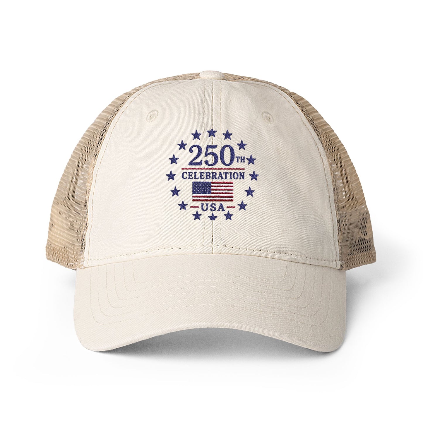 Women's Washed Mesh-Back Cap with print underneath bill embroidered USA 250th celebration various colors