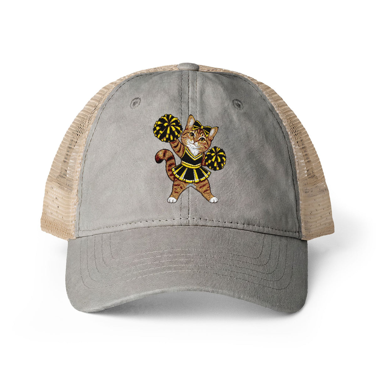 Orange Cheer Cat embroidered Women's Washed Mesh-Back Cap