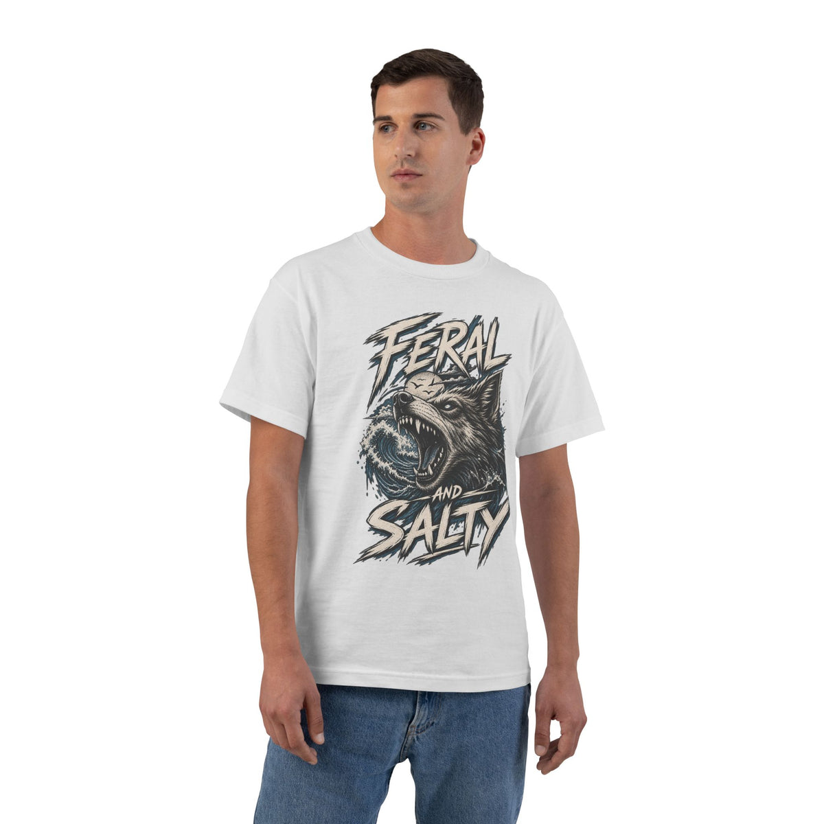 Feral and Salty Wolf Ocean T-Shirt — Graphic Animal Tee for Outdoor & Casual Wear