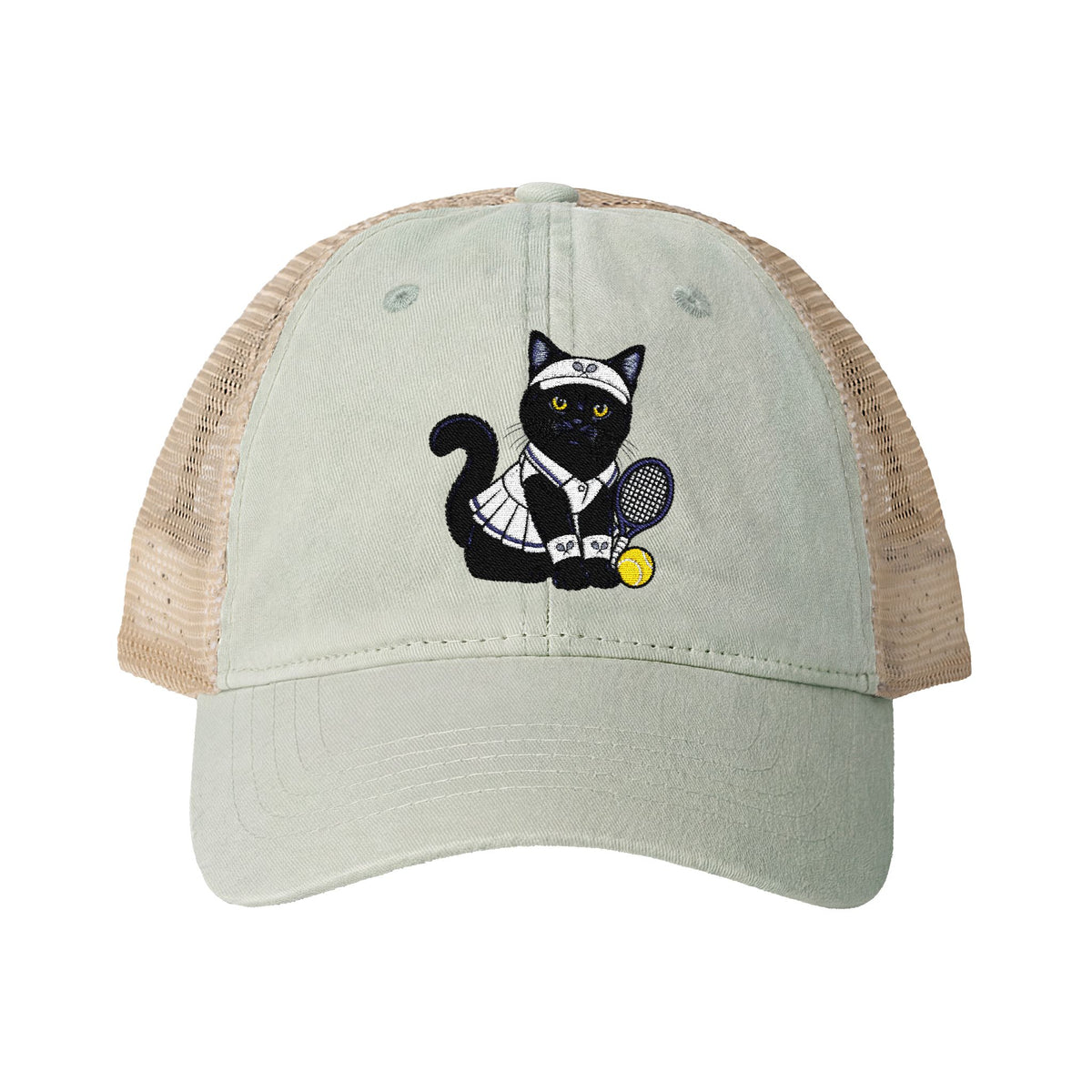 Black Cat Tennis Embroidered Women's Washed Mesh-Back Cap