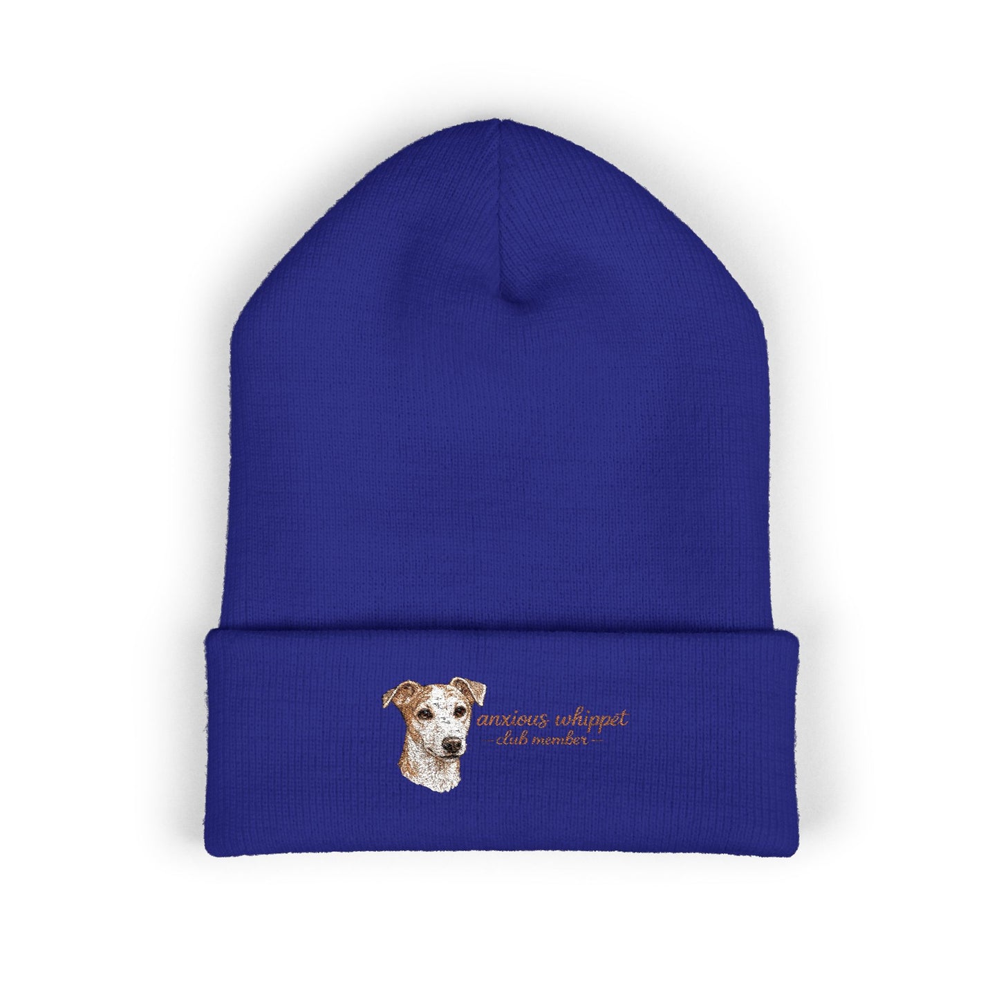 Anxious Whippet Embroidered Beanie | Cuffed Knit Hat