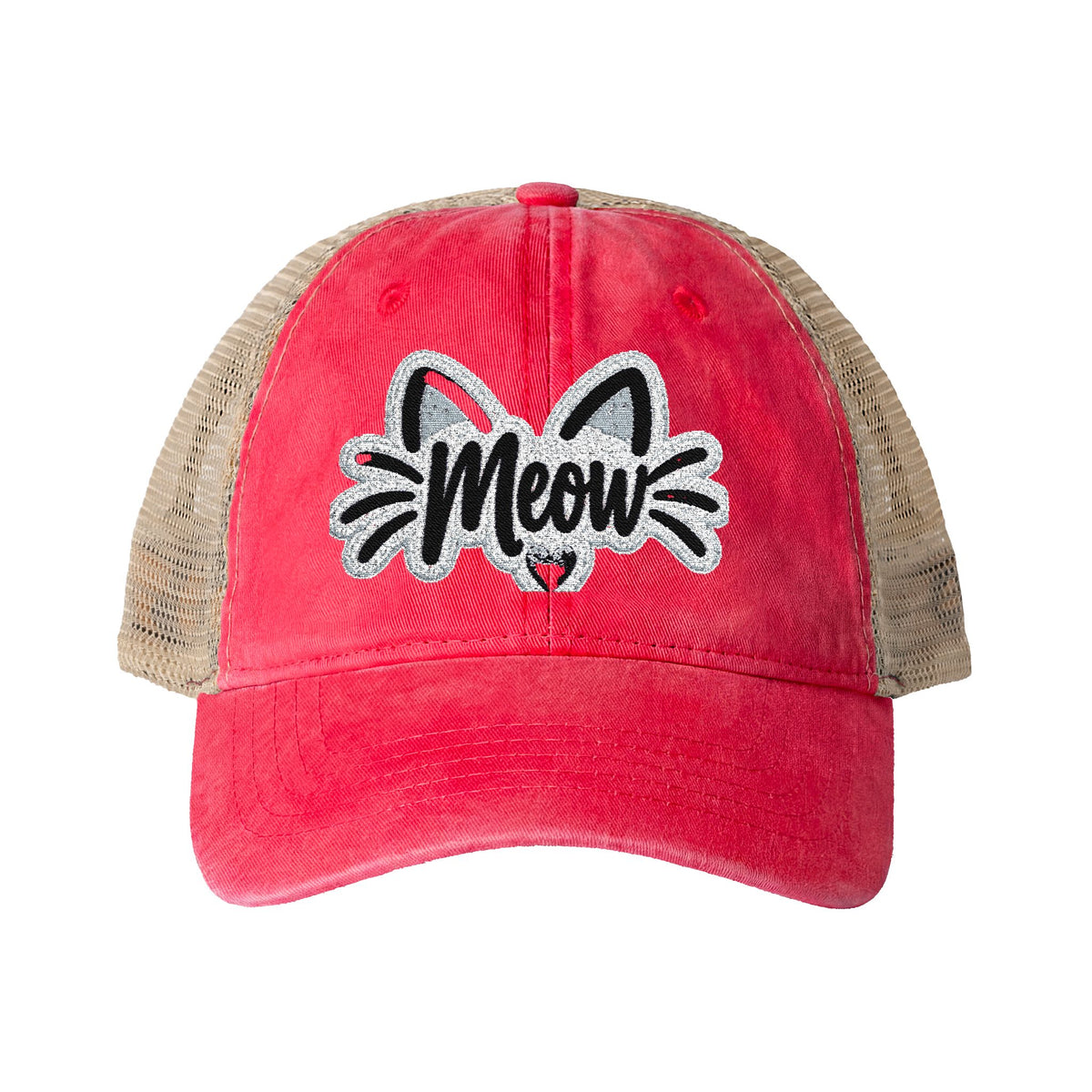 Meow Cat Embroidered Women's Washed Mesh-Back Cap