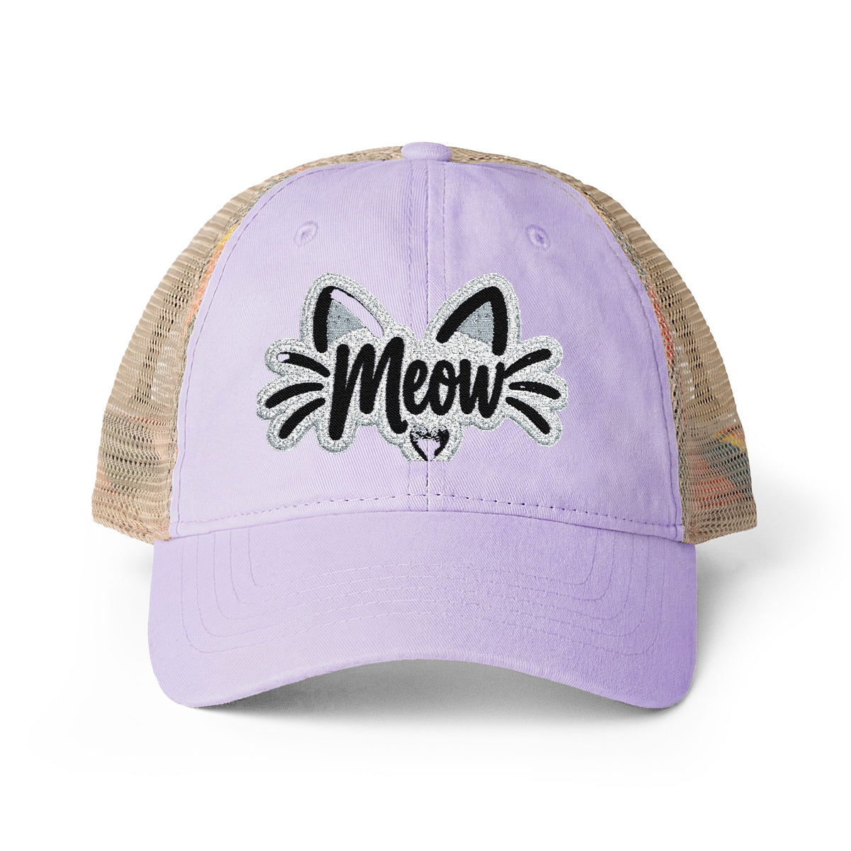 Meow Cat Embroidered Women's Washed Mesh-Back Cap