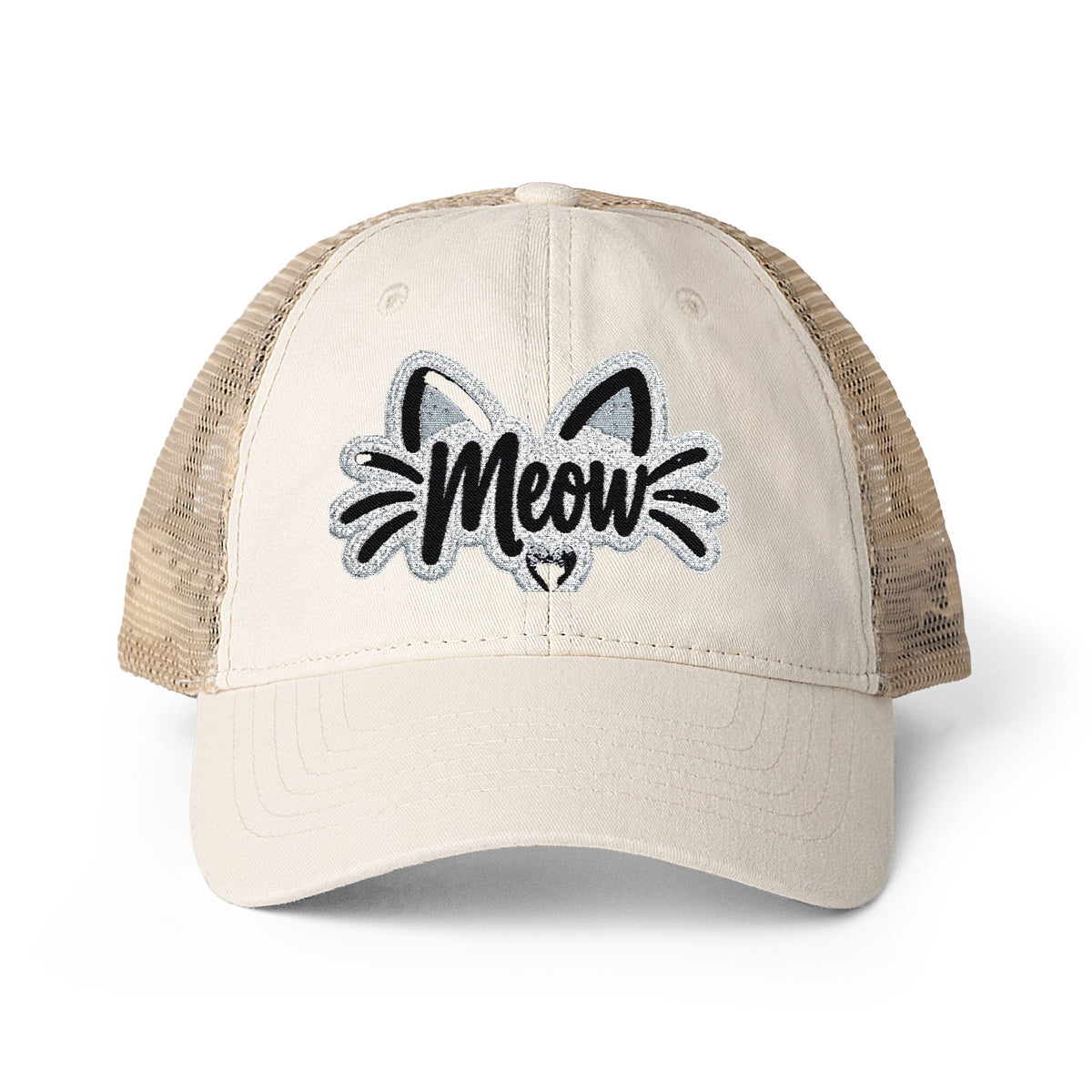 Meow Cat Embroidered Women's Washed Mesh-Back Cap