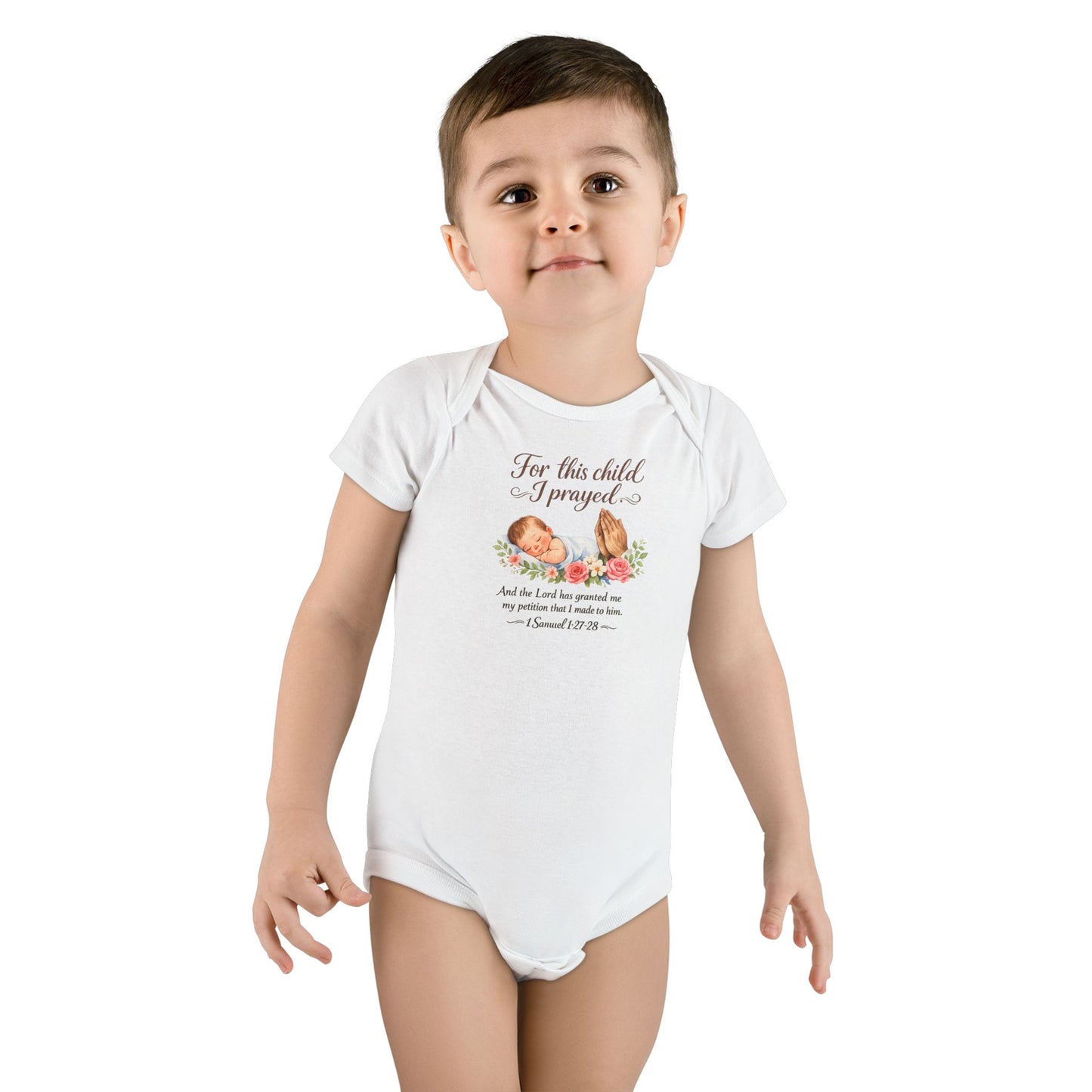 Baby Bodysuit – “For This Child I Prayed” Floral Scripture Organic Onesie