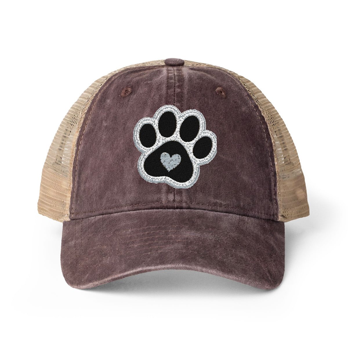 Paw print heart embroidered Women's Washed Mesh-Back Cap