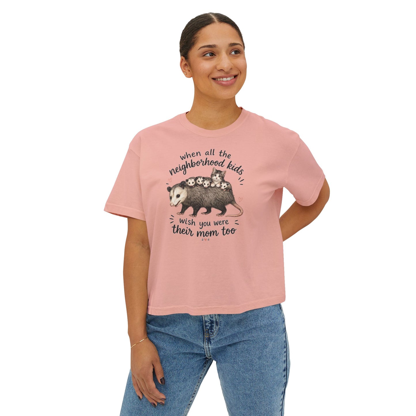 Women's Boxy Tee- Opossum and kitten neighborhood mom graphic