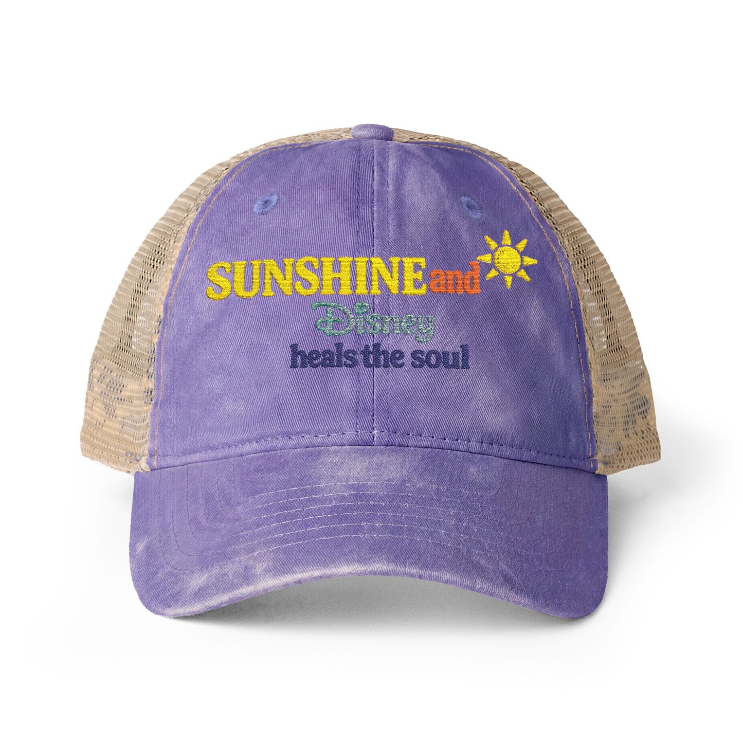 Women's Washed Mesh-Back Cap Embroidered Sunshine and Disney heals the soul solid print on front/pattern under visor