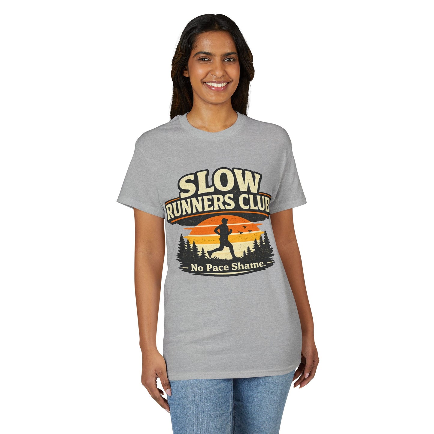 Slow Runners Club No Pace Shame T-Shirt | Retro Sunset Trail Running Shirt