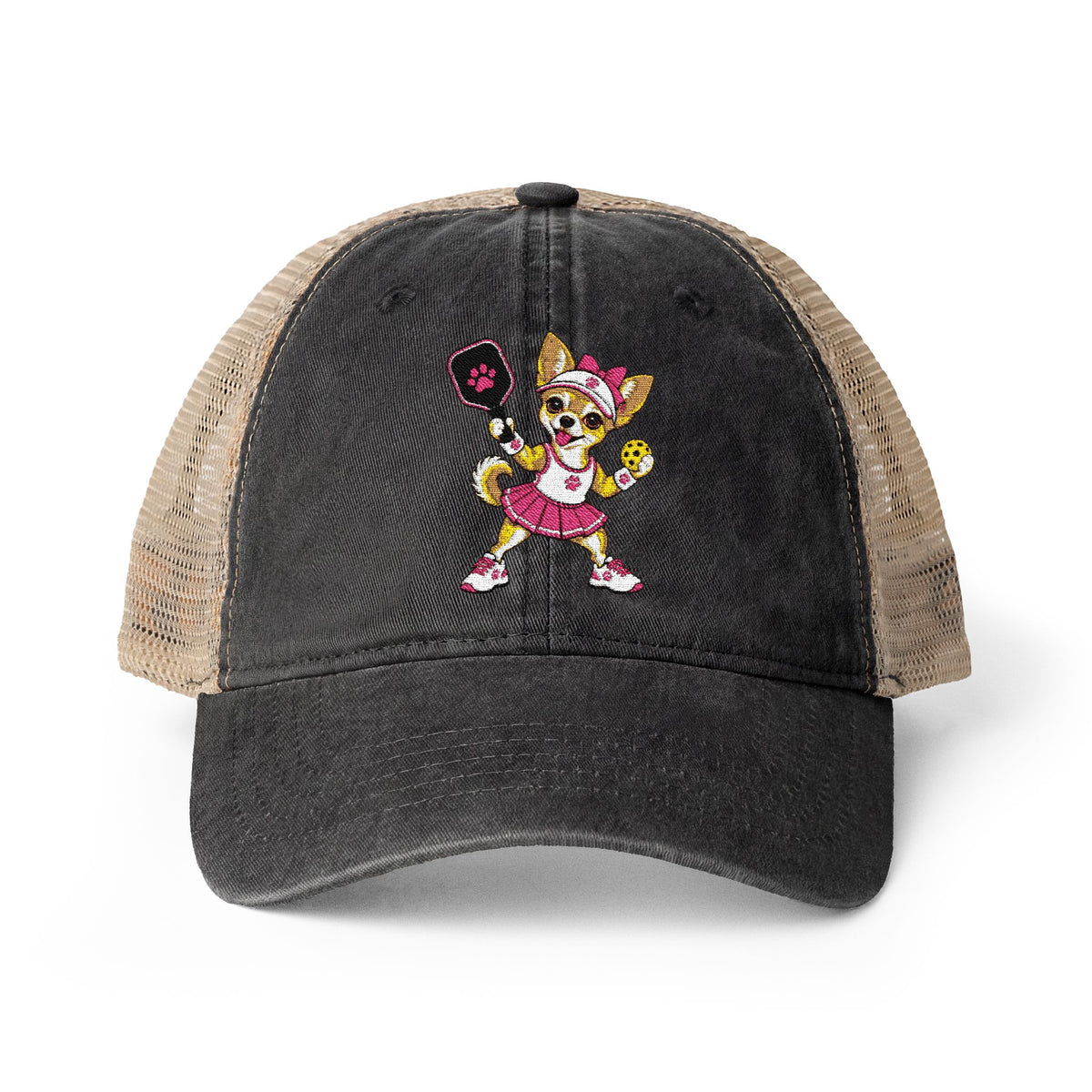 Pickleball Chihuahua Embroidered Women's Washed Mesh-Back Cap