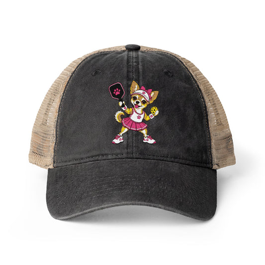 Pickleball Chihuahua Embroidered Women's Washed Mesh-Back Cap