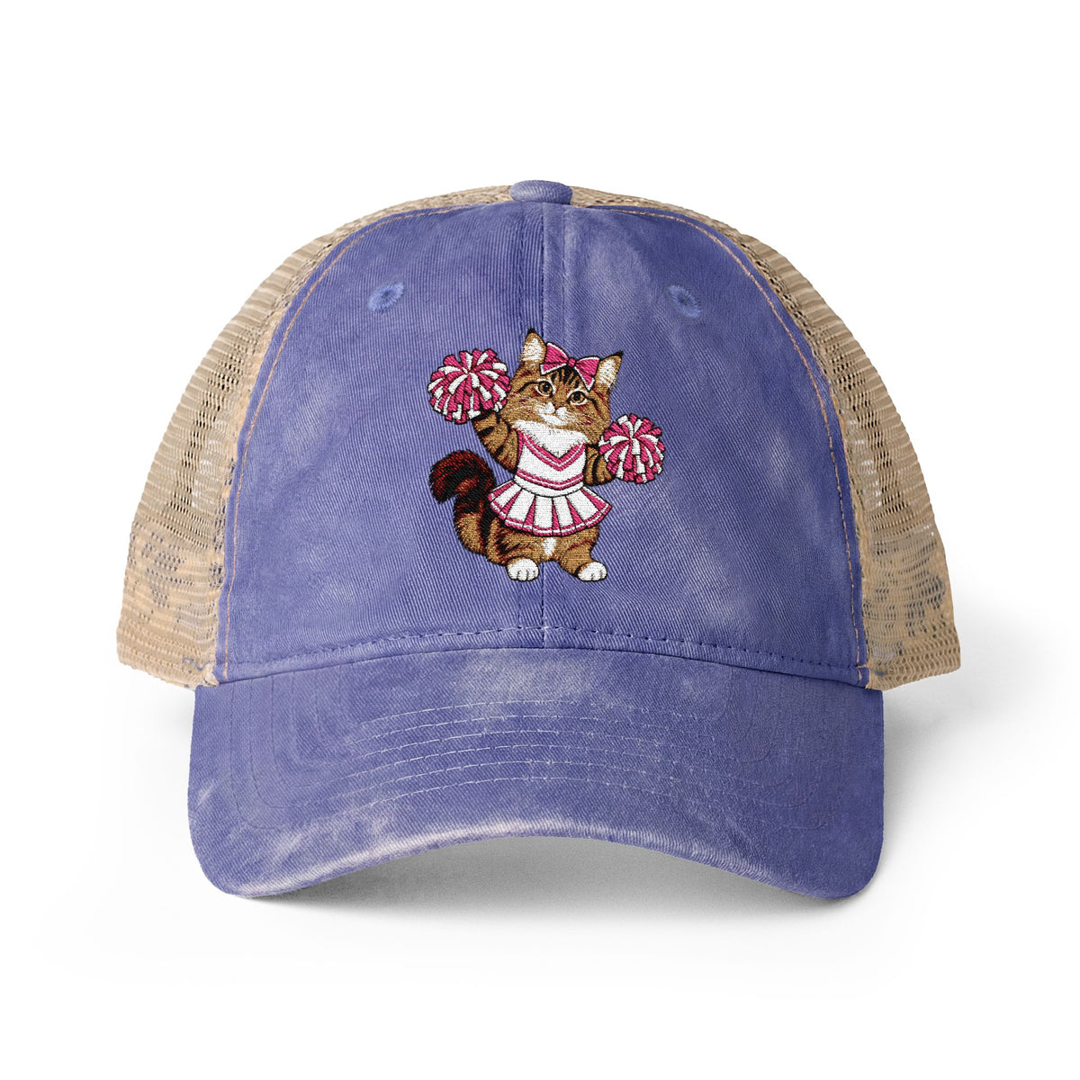 Cheerleader Cat Embroidered Women's Washed Mesh-Back Cap