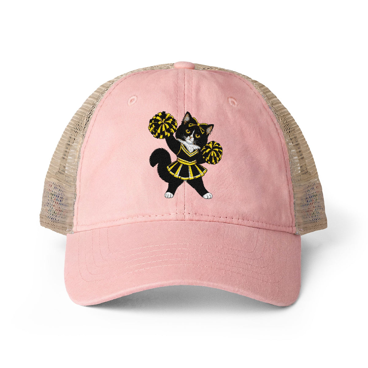 Tuxedo Cat embroidered Women's Washed Mesh-Back Cap