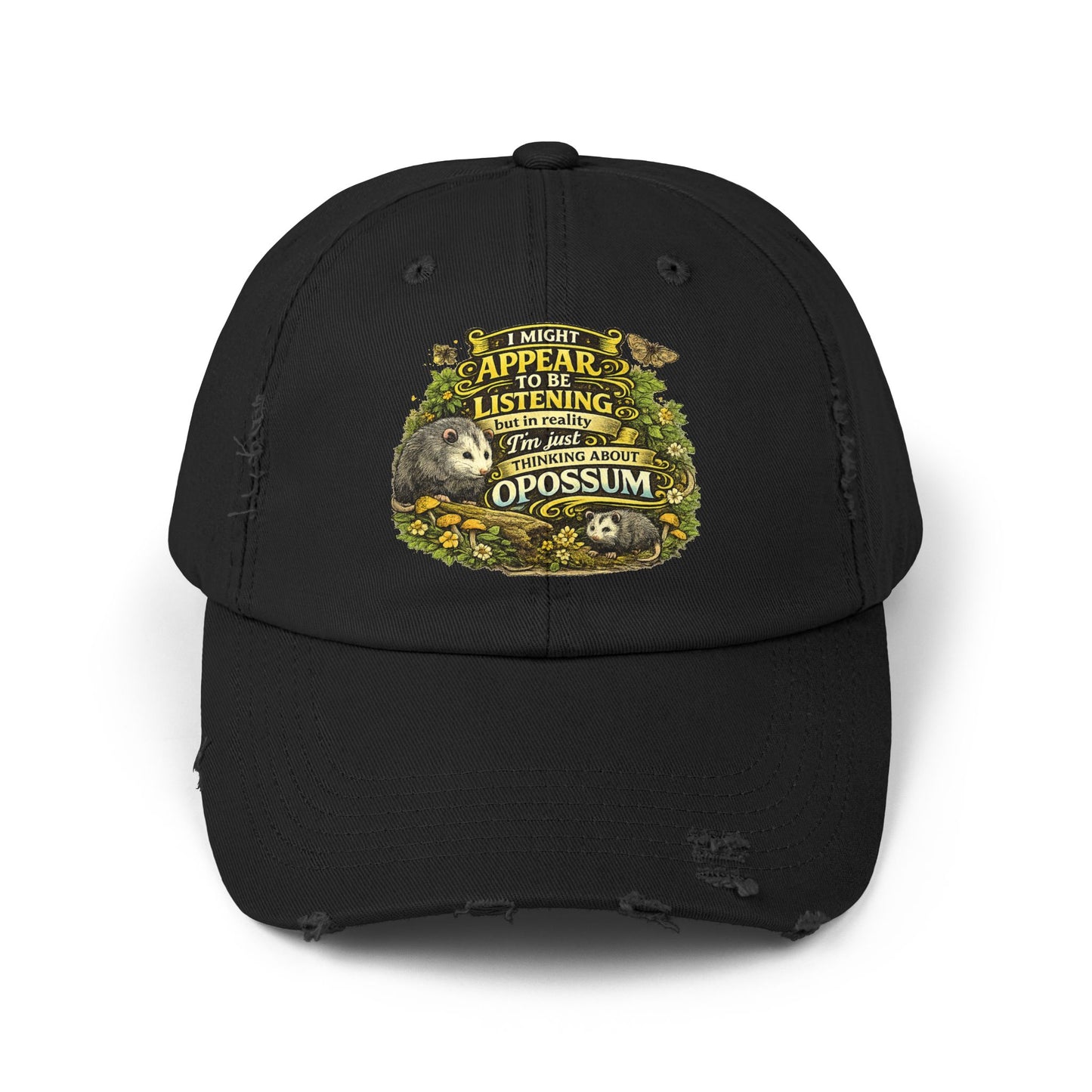 I Might Appear To Be Listening Cap | Opossum Illustration, Distressed Baseball Hat