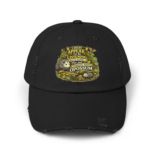 I Might Appear To Be Listening Cap | Opossum Illustration, Distressed Baseball Hat
