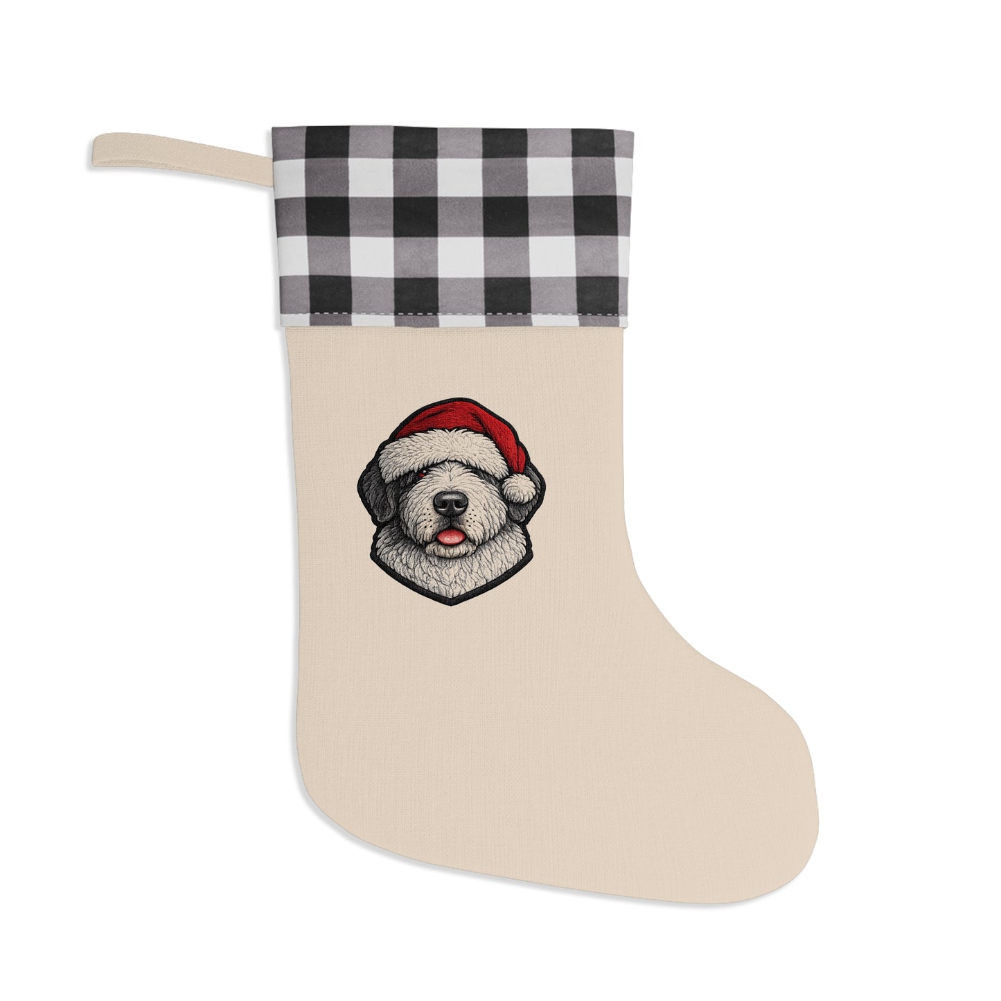 Buffalo Plaid Dog Portrait Christmas Stocking- Old English Sheepdog