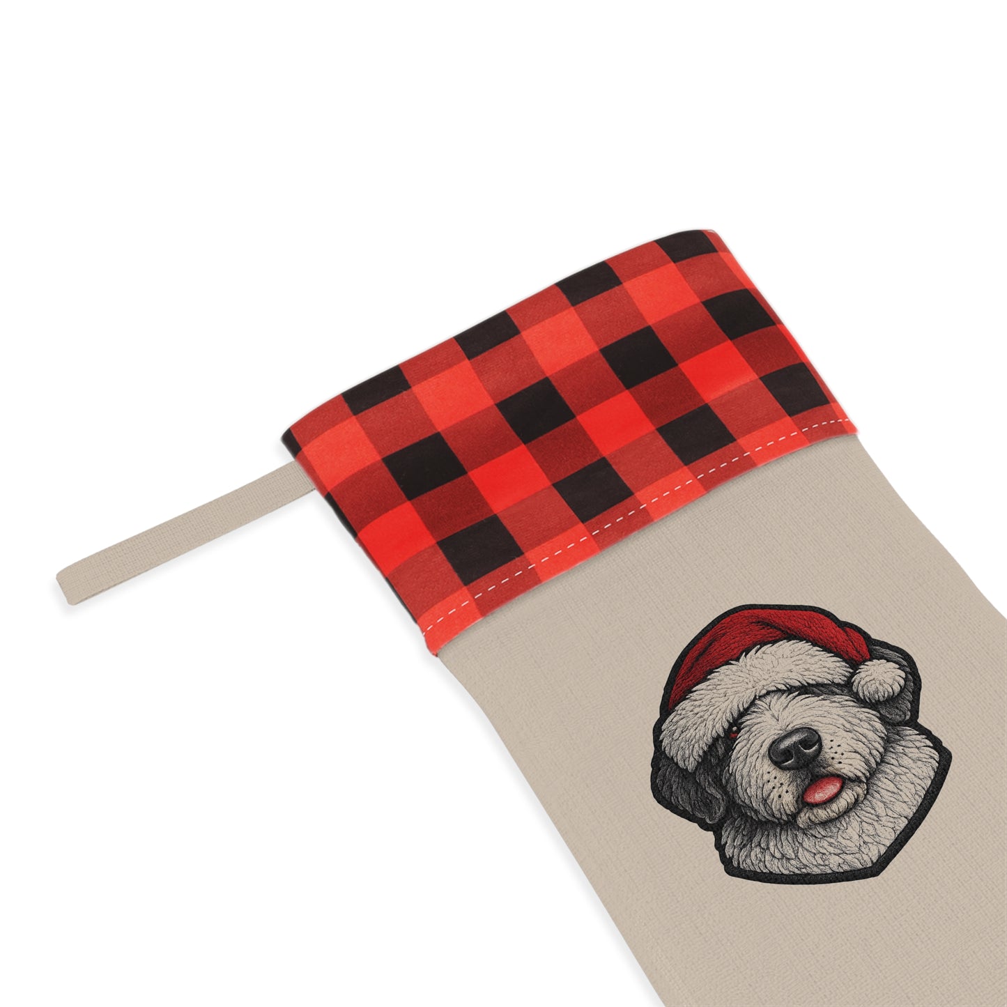 Buffalo Plaid Dog Portrait Christmas Stocking- Old English Sheepdog