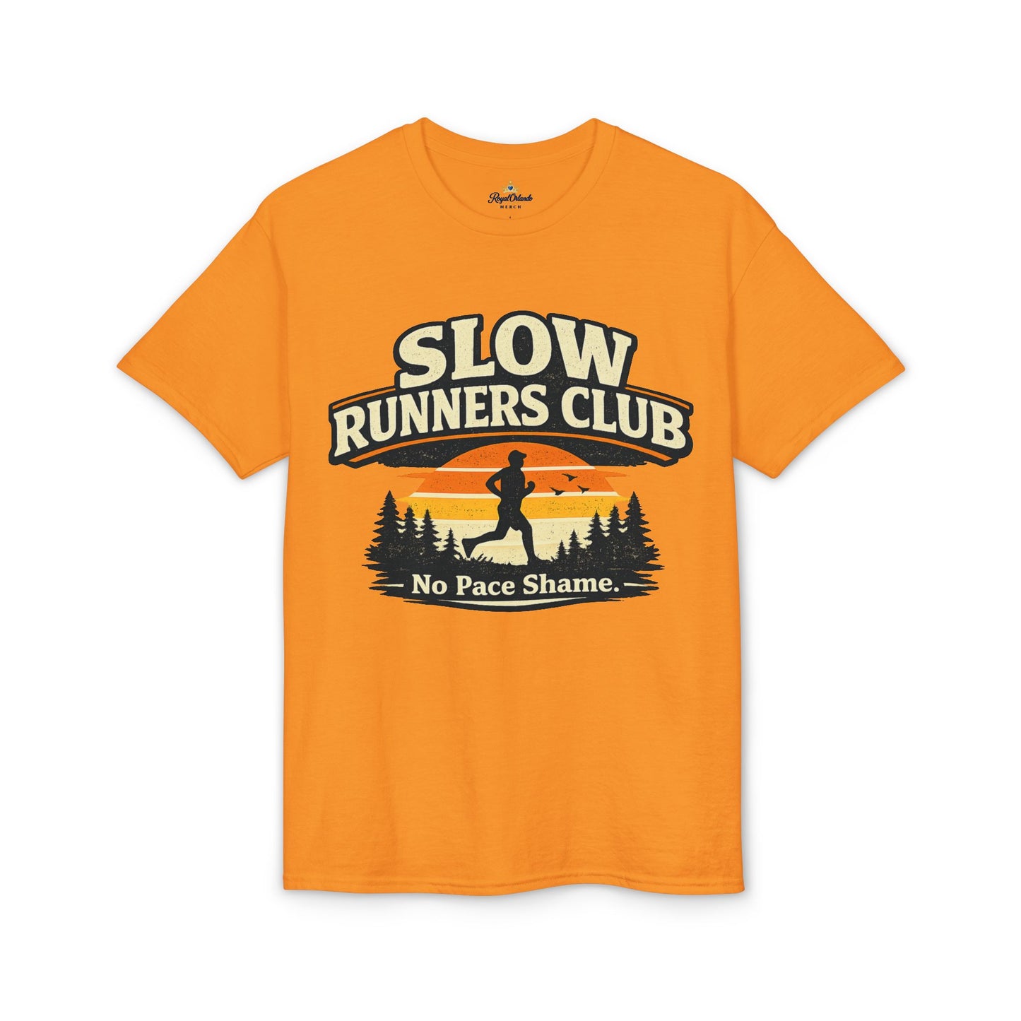 Slow Runners Club No Pace Shame T-Shirt | Retro Sunset Trail Running Shirt