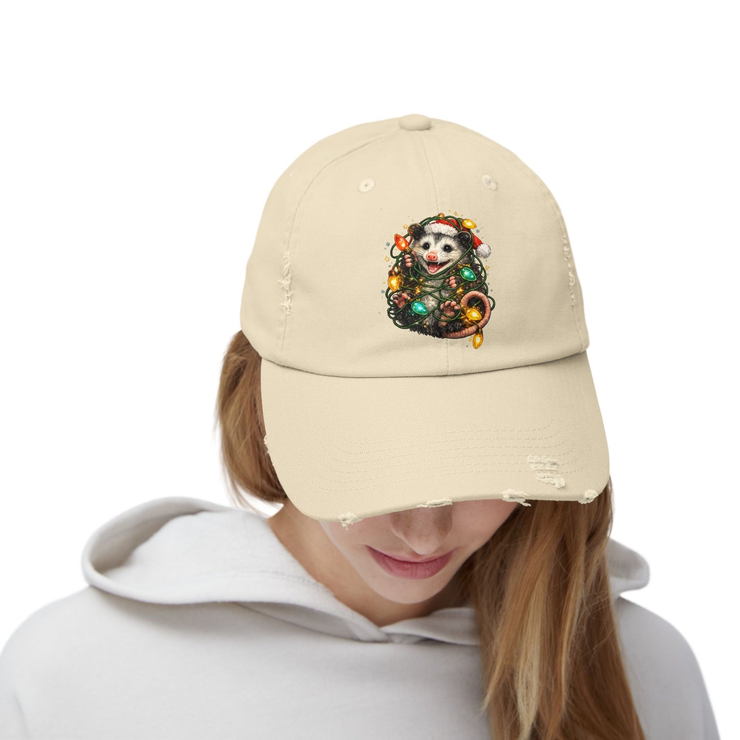 Christmas Opossum Distressed Cap — Cute Opossum Wrapped in Holiday Lights