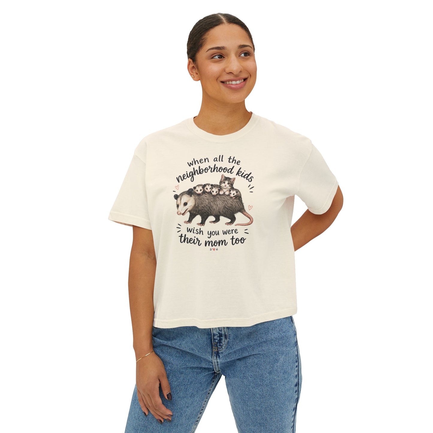Women's Boxy Tee- Opossum and kitten neighborhood mom graphic