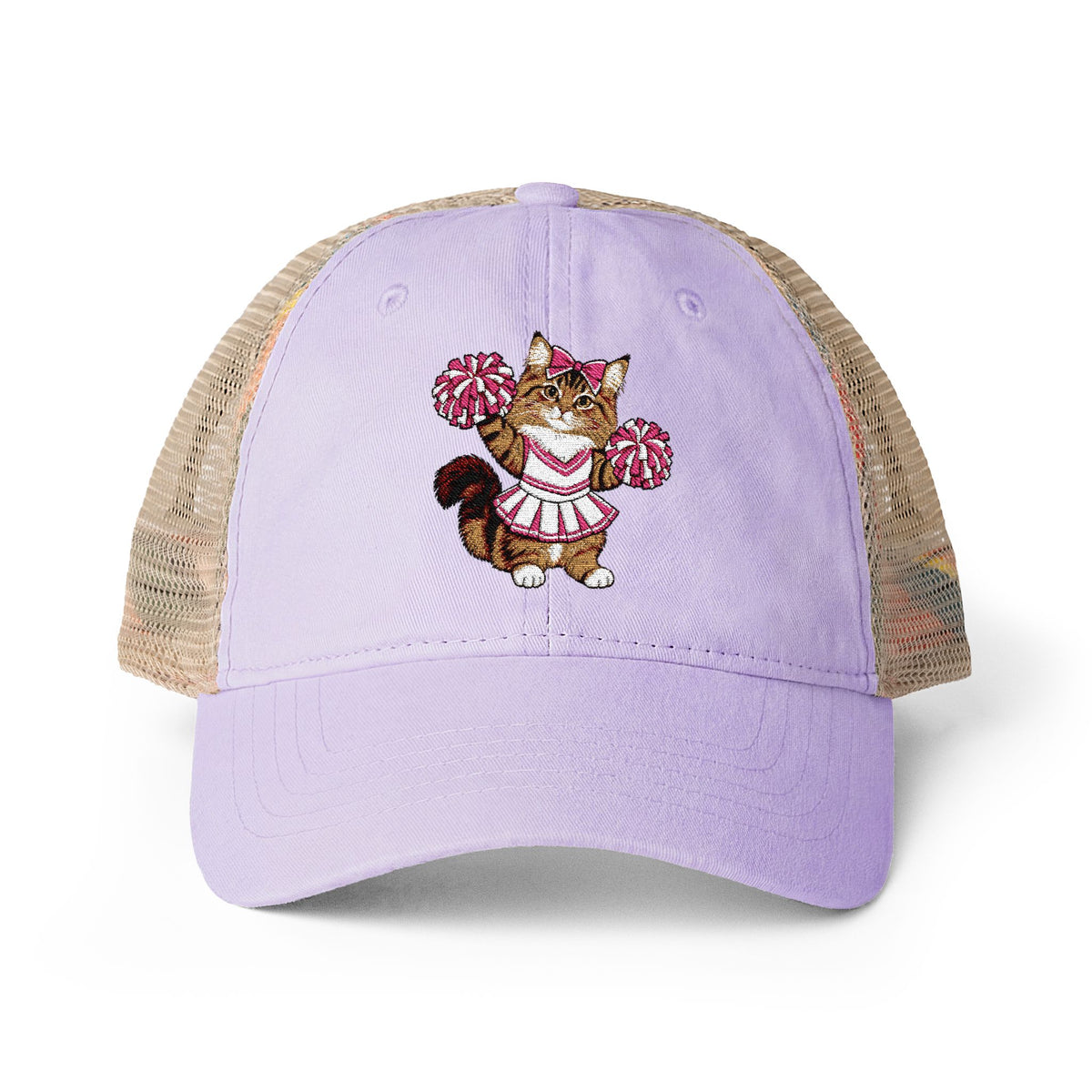 Cheerleader Cat Embroidered Women's Washed Mesh-Back Cap