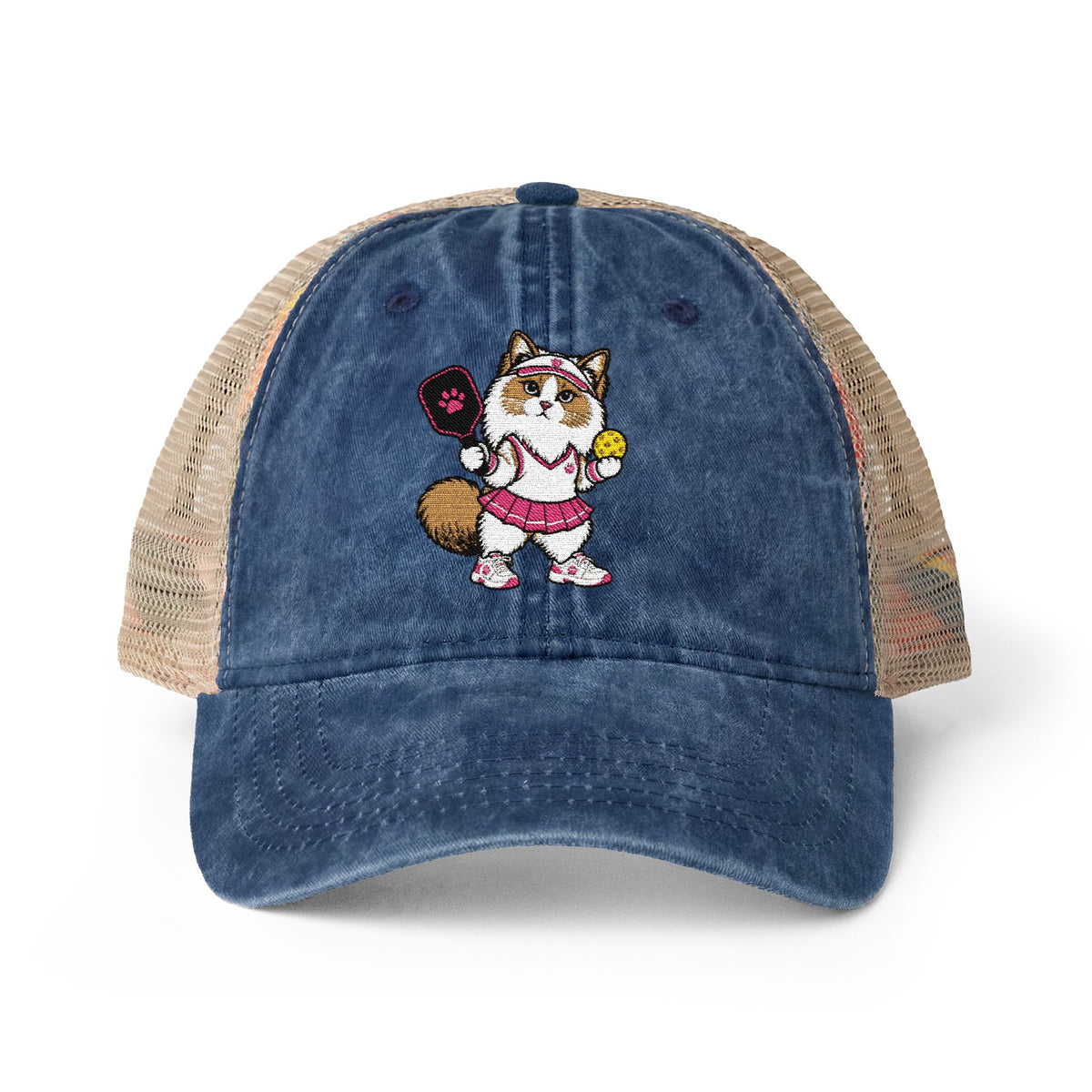 Pickleball Cat Embroidered Women's Washed Mesh-Back Cap