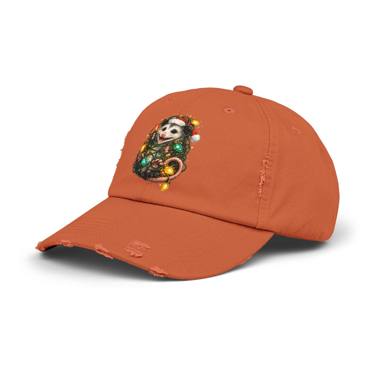 Christmas Opossum Distressed Cap — Cute Opossum Wrapped in Holiday Lights