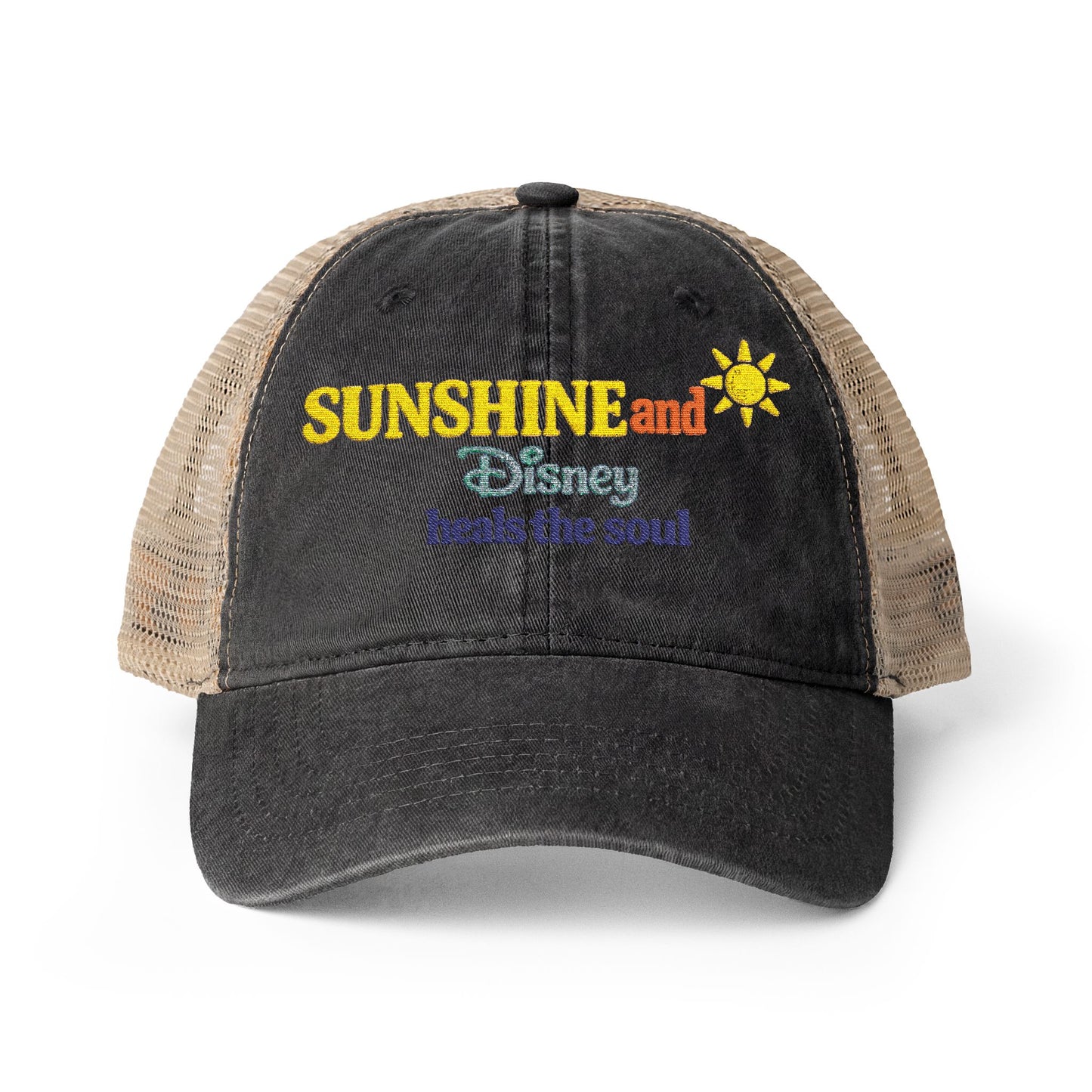 Women's Washed Mesh-Back Cap Embroidered Sunshine and Disney heals the soul solid print on front/pattern under visor