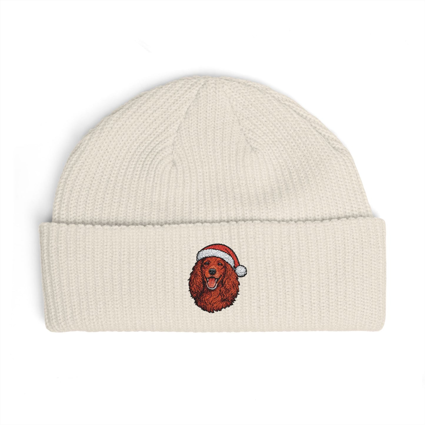 Cuffed Beanie — Embroidered Irish Setter Dog in Santa Hat Winter Hat