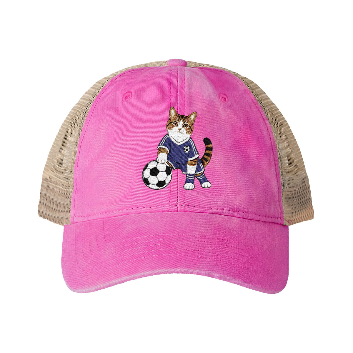 Soccer Cat Embroidered Women's Washed Mesh-Back Cap