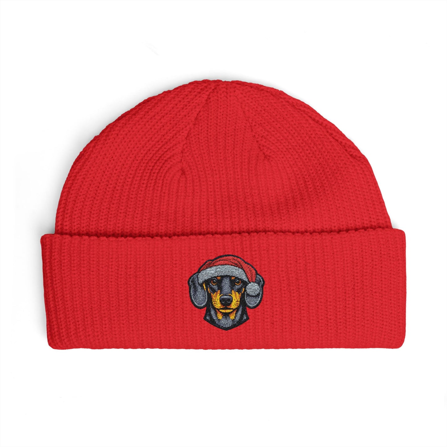 Cuffed Beanie — Embroidered Dachshund Dog in Santa Hat Winter cap