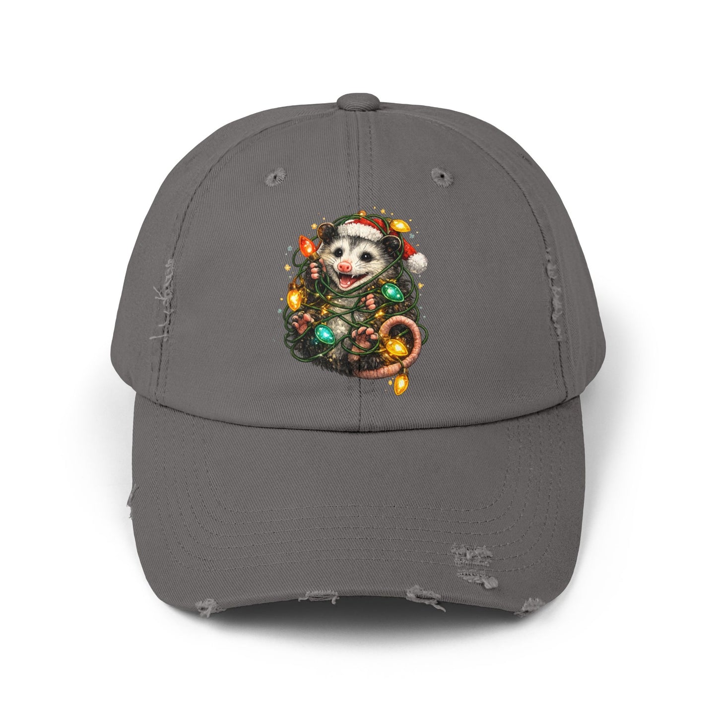 Christmas Opossum Distressed Cap — Cute Opossum Wrapped in Holiday Lights
