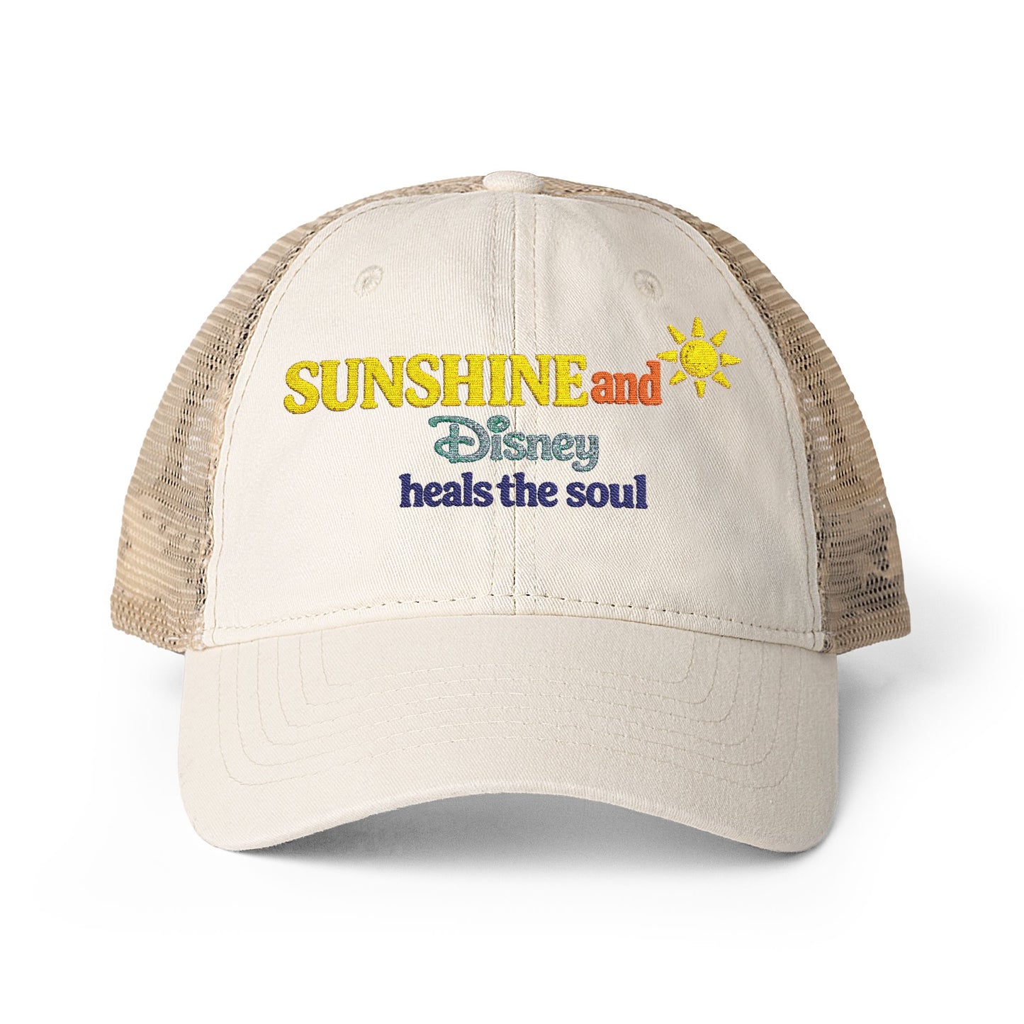 Women's Washed Mesh-Back Cap Embroidered Sunshine and Disney heals the soul solid print on front/pattern under visor
