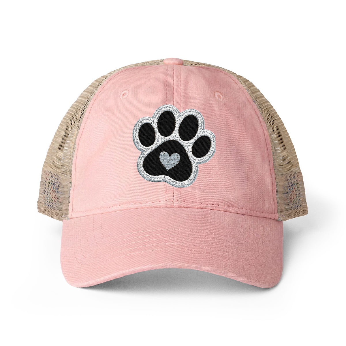 Paw print heart embroidered Women's Washed Mesh-Back Cap