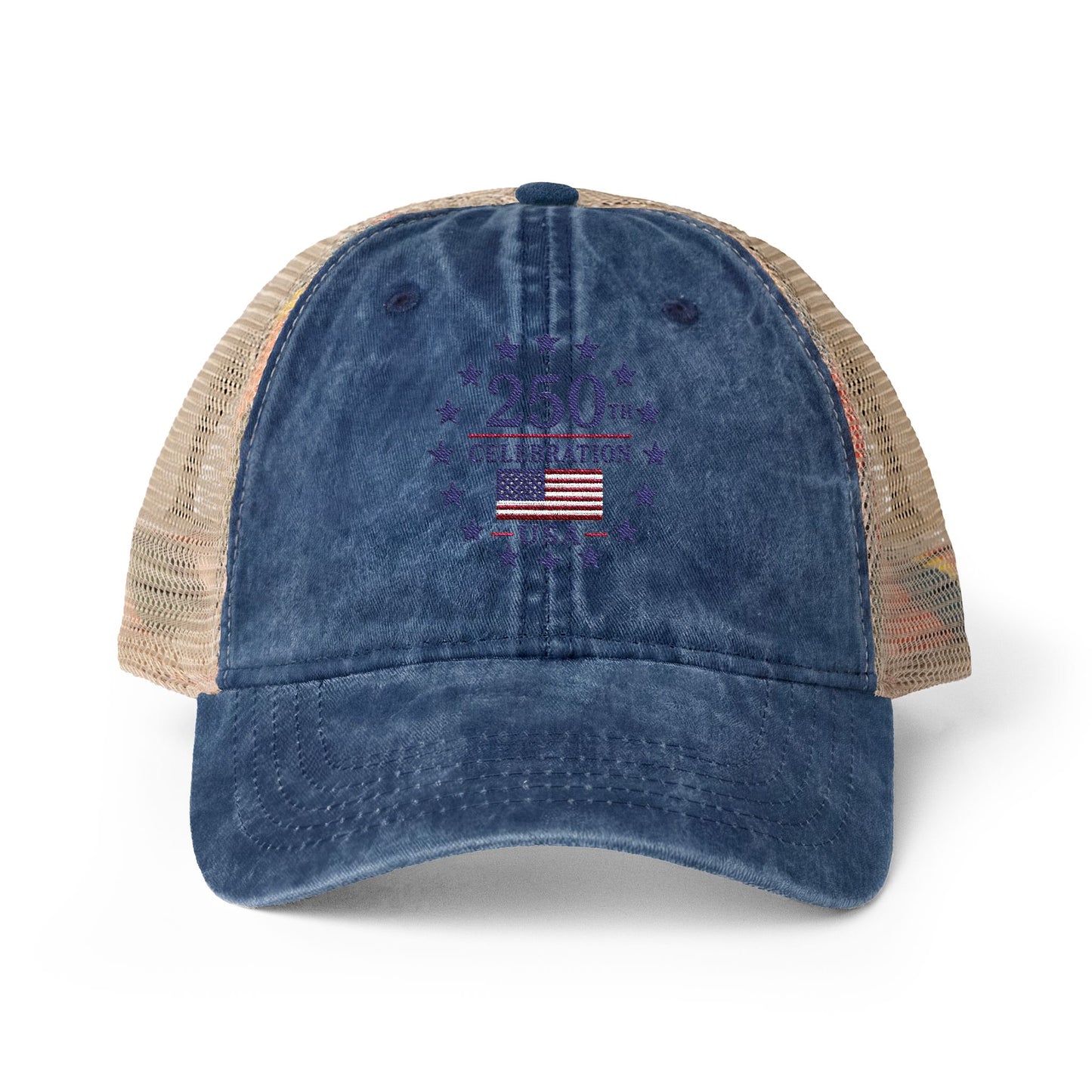 Women's Washed Mesh-Back Cap with print underneath bill embroidered USA 250th celebration various colors